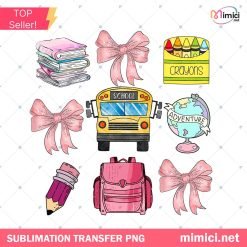 Coquette Back to School PNG – Pink Bow, Books & Crayons Clipart Set