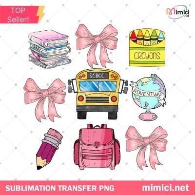 Coquette Back to School PNG – Pink Bow, Books & Crayons Clipart Set