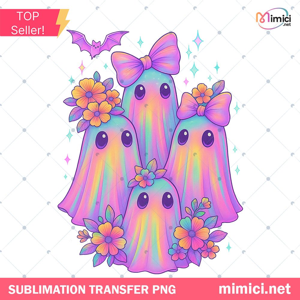 Iridescent Ghost PNG – Floral Pastel Halloween Design