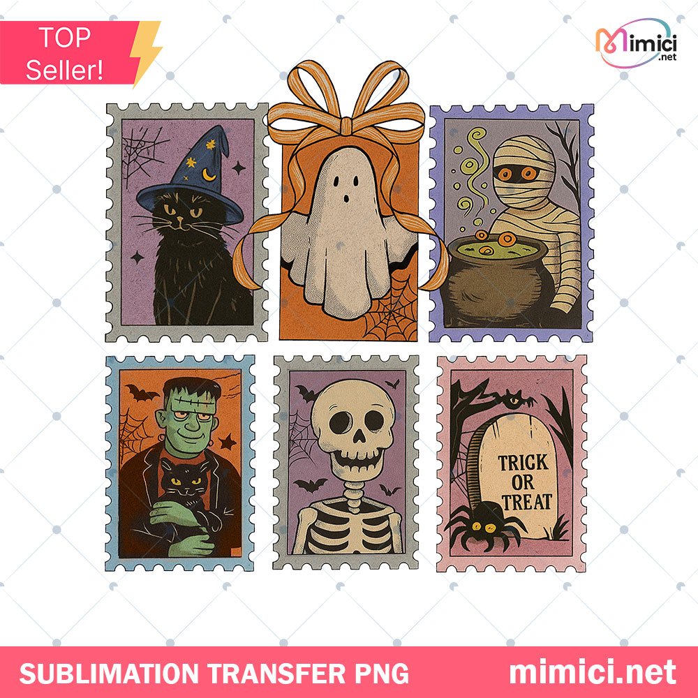 Retro Halloween Stamps PNG - Vintage Spooky Postage Sublimation, Pumpkin Halloween PNG