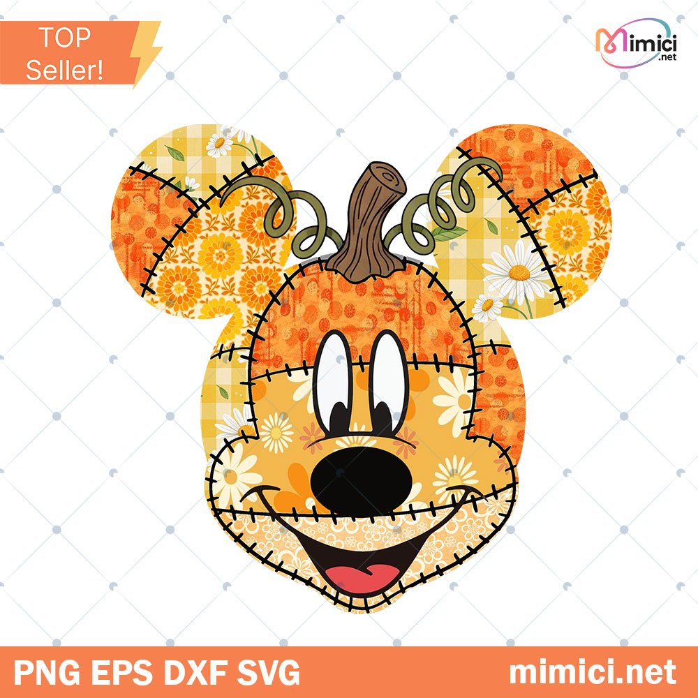 Preppy Floral Mouse Pumpkin Patchwork Png, Fall Pumpkin png