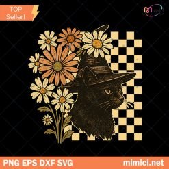Retro Floral Black Cat Png, Witch Cat Halloween Png, Preppy Halloween Png