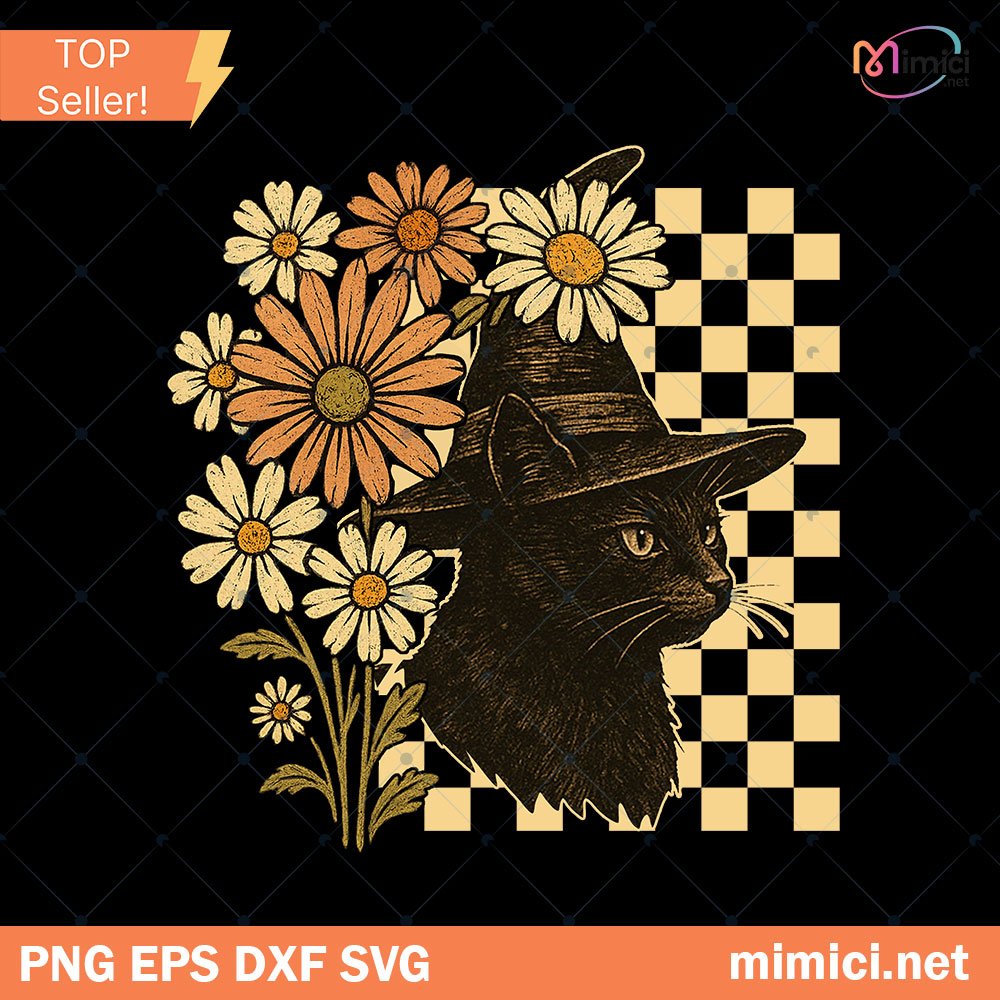 Retro Floral Black Cat Png, Witch Cat Halloween Png, Preppy Halloween Png