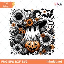 Spooky Ghost Halloween Pumpkins Floral PNG