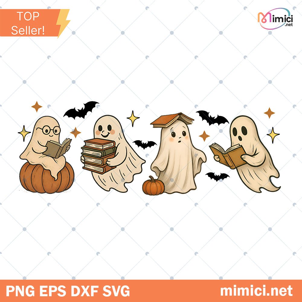 Vintage Halloween Ghost Reading Books PNG
