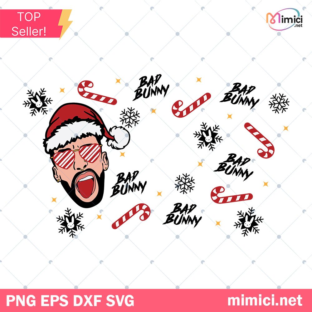 Bad Bunny Full Wrap SVG, Bad Bunny Christmas Starbucks Cup SVG, Christmas Bad Bunny SVG