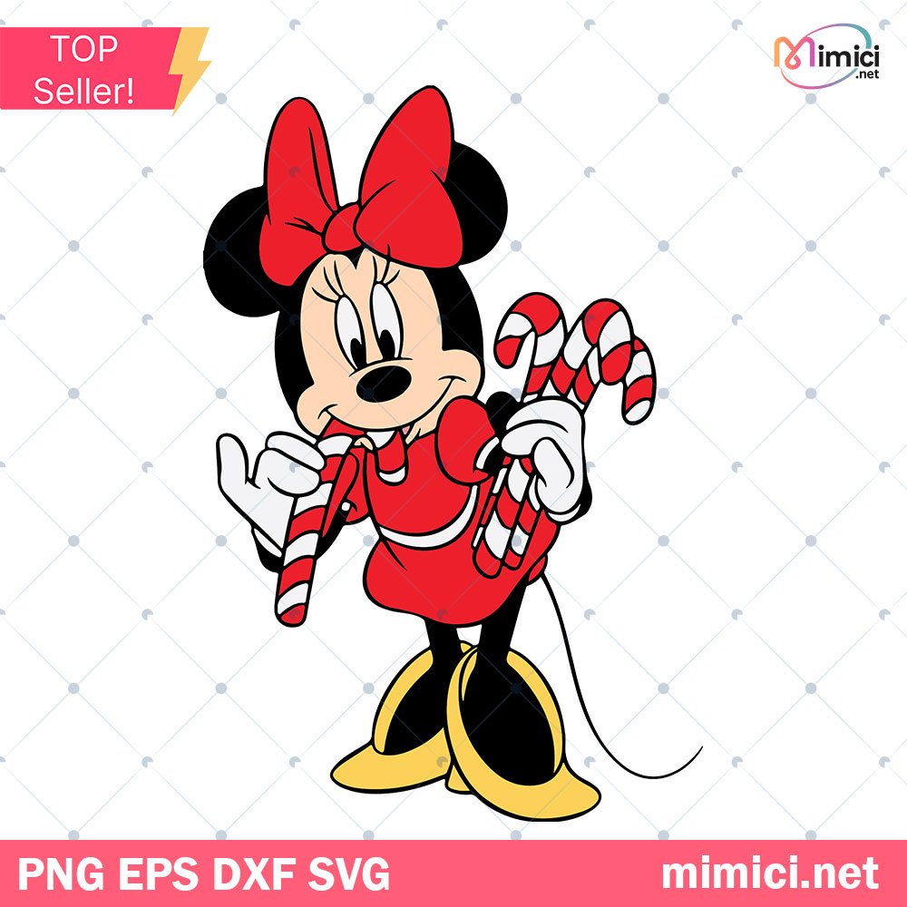 Christmas Minnie Mouse Candy Cane SVG, Christmas Minnie Mouse SVG PNG DXF EPS Cut Files For Cricut Silhouette