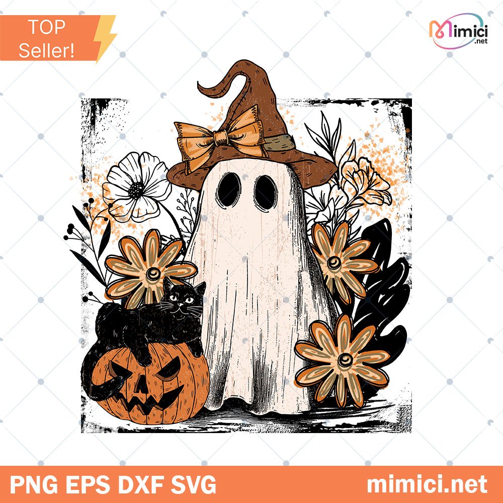Floral Fall Ghost Png, Boho Halloween PNG