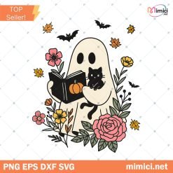 Halloween Ghost Reading Book Cat Flowers PNG