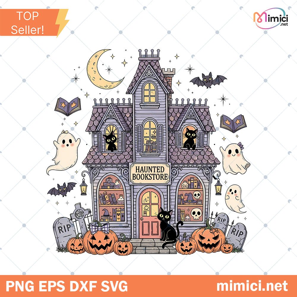 Haunted Fall Bookstore Halloween Spooky PNG