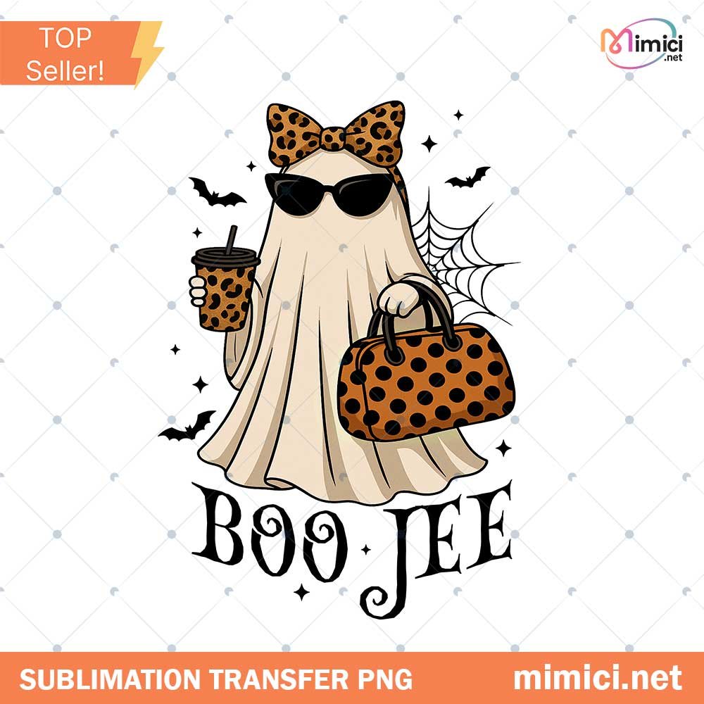 Boo Jee Leopard Print Ghost PNG, Halloween Coffee Ghost Shirt Design, Cute Spooky Season Digital Download