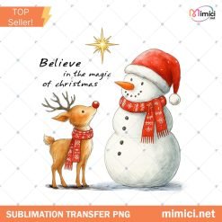 Retro Believe In The Magic PNG, Snowman And Reindeer PNG, Whimsical Holiday Friends Design, Merry And Bright Christmas Shirt PNG
