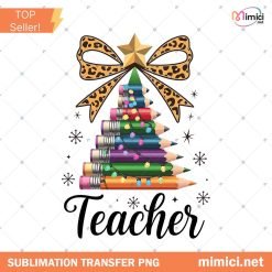 Christmas Pencil Tree Teacher Png, Teacher Coquette Bow Png, Teacher Christmas Shirt Design Png, Gift for Teacher, Merry Teacher Png