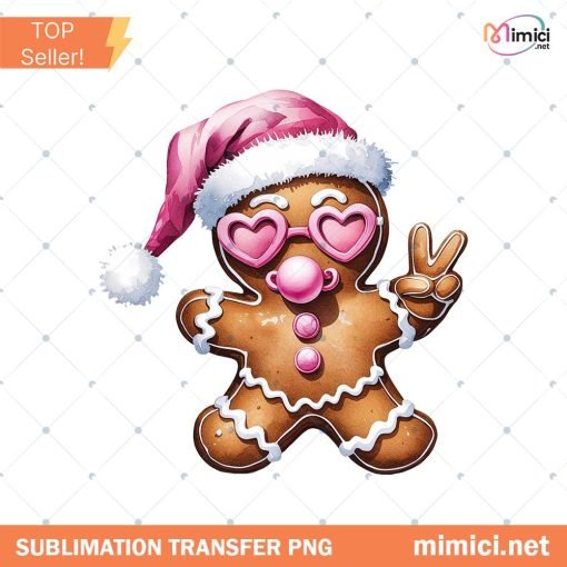 Retro Gingerbread Pink Christmas blowing bubble png, Christmas Sublimation Digital Design Download,Vintage Christmas Png Santa Sunglasses