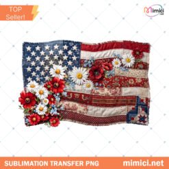 Faux Quilted American Flag PNG Vintage Patchwork Patriotic PNG 4th Of July Sublimation Design Cottagecore USA Flag Graphic preview