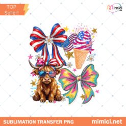 Patriotic Highland Cow PNG, 4th Of July Cow With Bow Design, Cute American Cow Sublimation Shirt Download preview